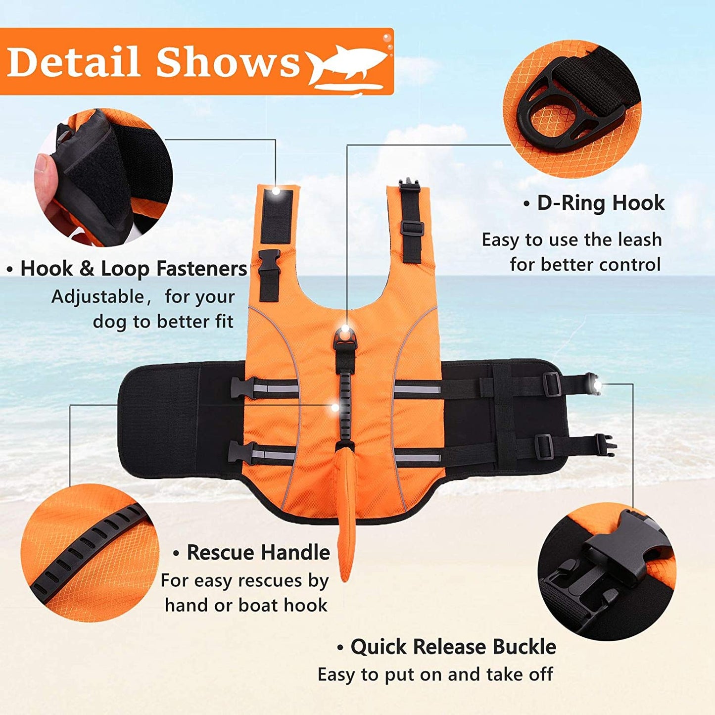 Dog Life Jackets for Extra Large Dogs, Dog Life Vest for Boating Swimming Kayaking, Shark Fin Dog Lifejackets Floatation Vest for Pool Lake, Reflective Dog Water Vest for Golden Retriever, Orange, XXL