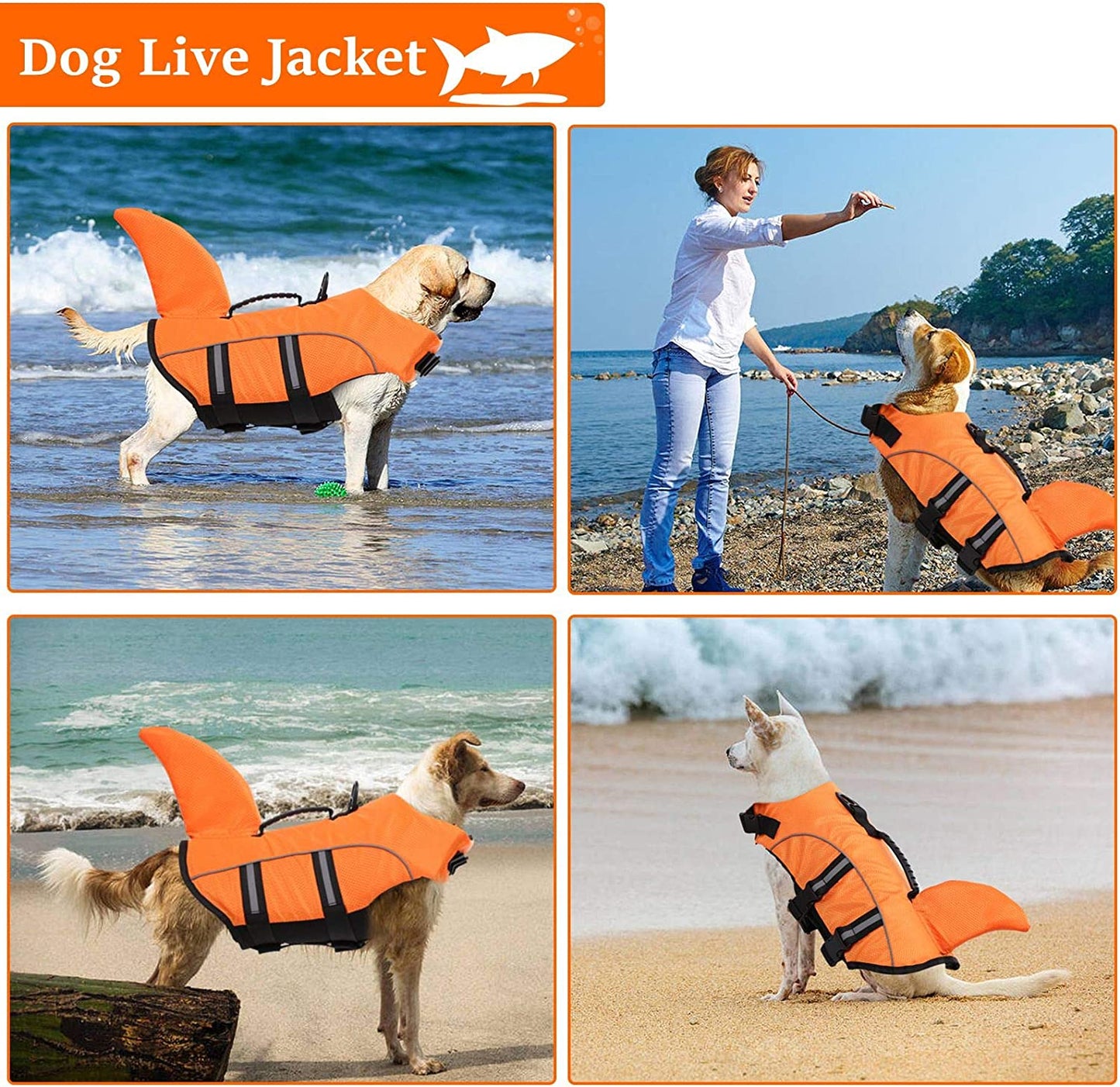 Dog Life Jackets for Extra Large Dogs, Dog Life Vest for Boating Swimming Kayaking, Shark Fin Dog Lifejackets Floatation Vest for Pool Lake, Reflective Dog Water Vest for Golden Retriever, Orange, XXL