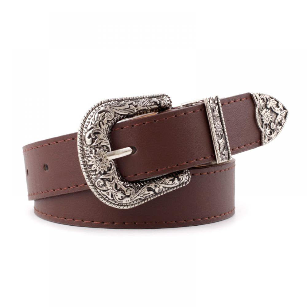 Women Leather Belts Ladies Vintage Western Design Coffee Waist Belt for Pants Jeans Dresses